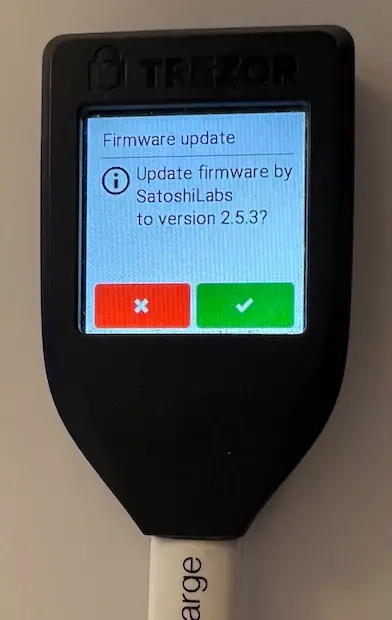 Trezor Model T firmware update confirmation screen